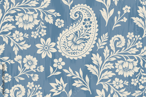 Seamless ethnic ikat paisley floral embroidery pattern with decorative Indian and African motifs, boho style textile border design for fabric, traditional abstract ornament pattern illustration.