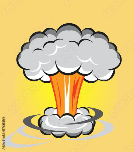 Cartoon-style explosion with large gray smoke cloud, vivid orange-red fire column, swirling vortex at base, bold outlines and shading on pale yellow background, comic-book inspired graphic
