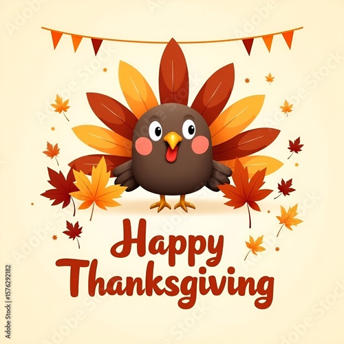 Cartoon turkey wears pilgrim hat. Happy Thanksgiving banner above. Autumn leaves, pumpkins decorate background. Festive fall scene. Cheerful turkey greeting holiday. Cute, festive Thanksgiving design