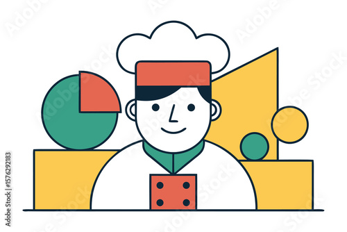 Culinary Visionary: A smiling chef stands tall in his chef's whites, a geometric arrangement of shapes framing him, representing the art of cooking and the flavors of gastronomy. 