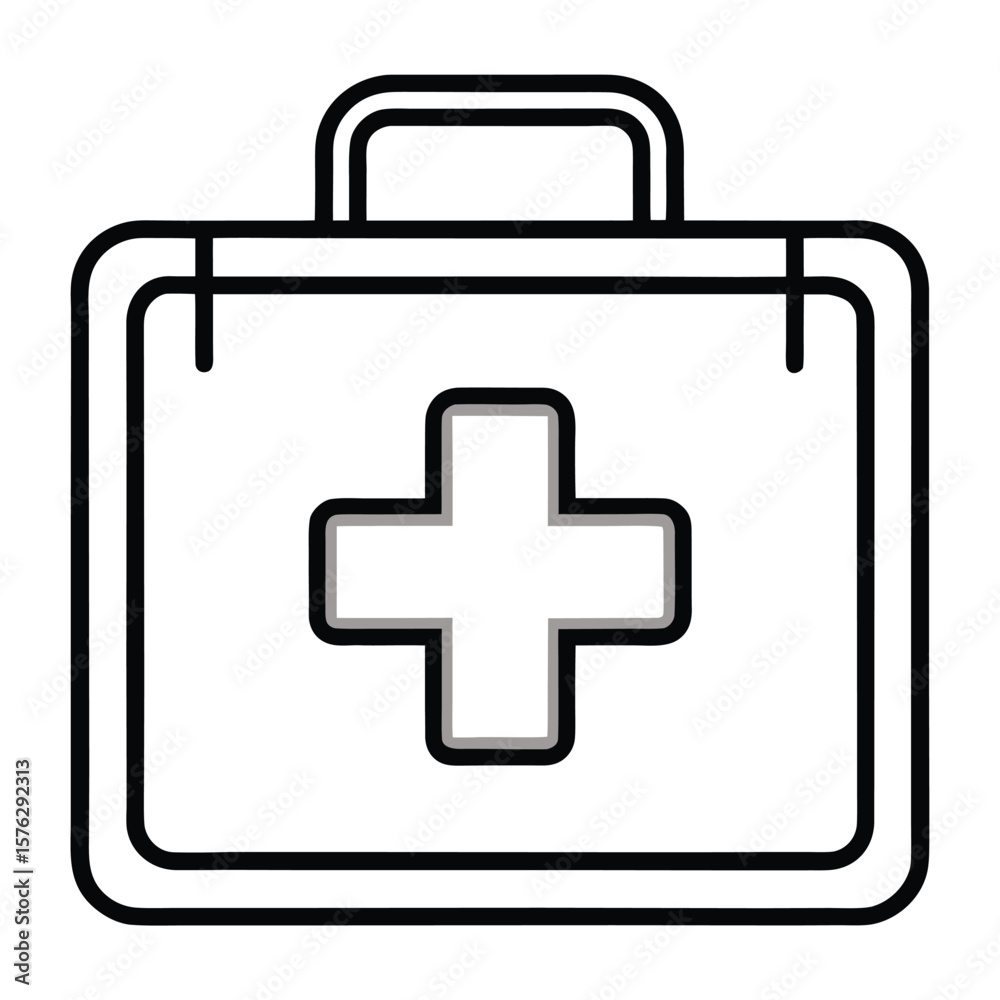 Fototapeta premium Simple line art icon of a medical first aid kit with red cross symbol