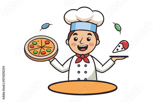 Cheerful Chef's Pizza Presentation: A culinary craftsman, radiating joy, showcases a delightful pizza creation, complemented by whimsical floating ingredients.