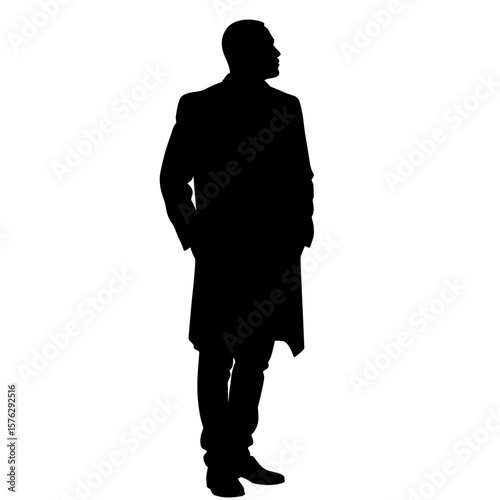 Silhouette of a man standing in profile against a white background  