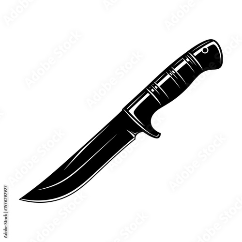 Illustration of a black hunting knife with a curved blade and grip design