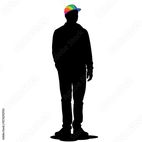 Silhouette of young man standing with colorful cap on white background  