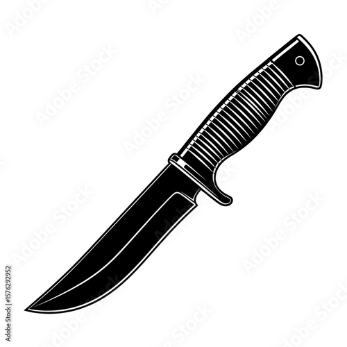 Isolated black and white illustration of a hunting knife with textured grip