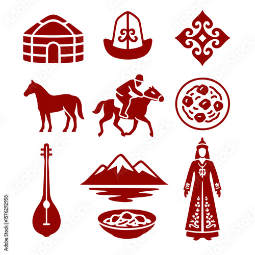vector isolated red color Kyrgyzstan traditional cultural symbols