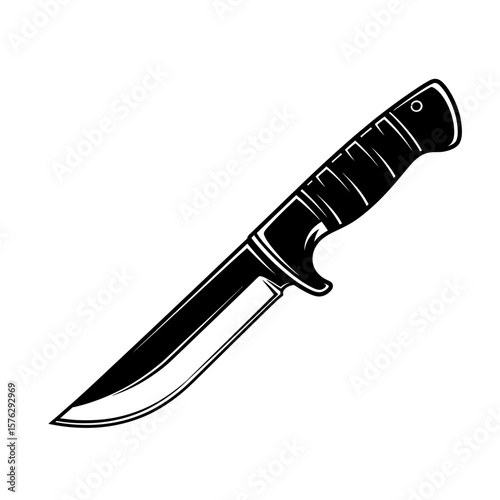 Detailed monochrome illustration of a sharp hunting knife on white background