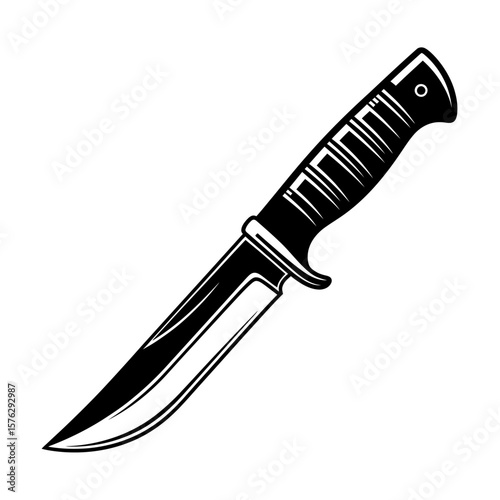 Illustration of a hunting knife with a black handle and a shiny blade