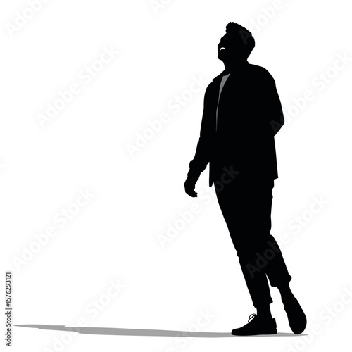 Man walking in silhouette with hands in pockets on white background  