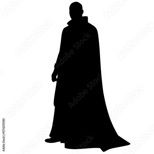 Silhouette of a person wearing a cloak standing against a white background  