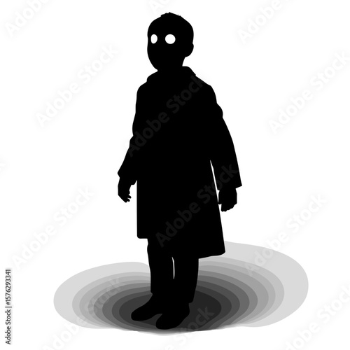 Silhouette of a figure wearing a coat with glowing eyes on a shadow background  