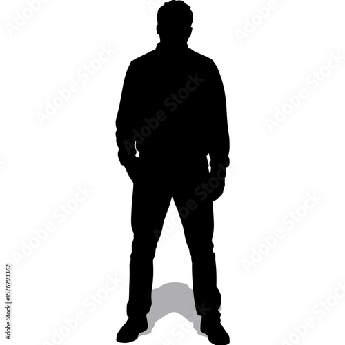 Silhouette of man standing with hands in pockets against white background  