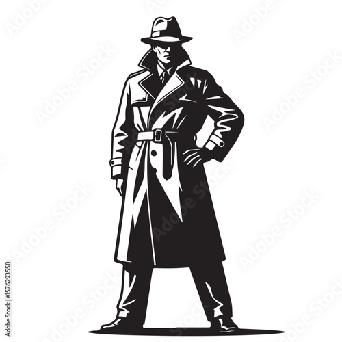 Detective in Trench Coat and Fedora Hat Vector Illustration
