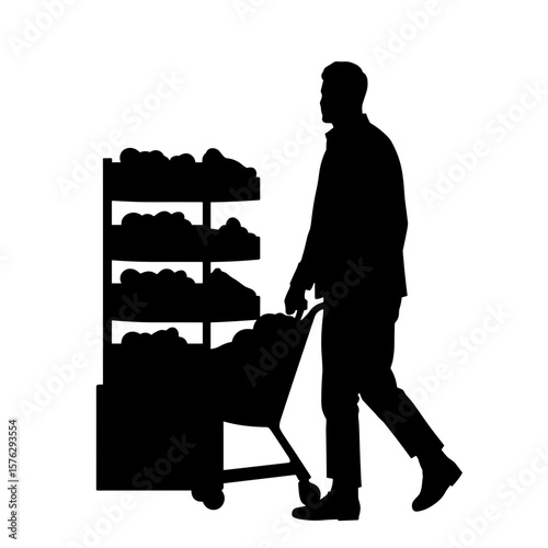 Man walking with shopping cart filled with fruits in grocery store  