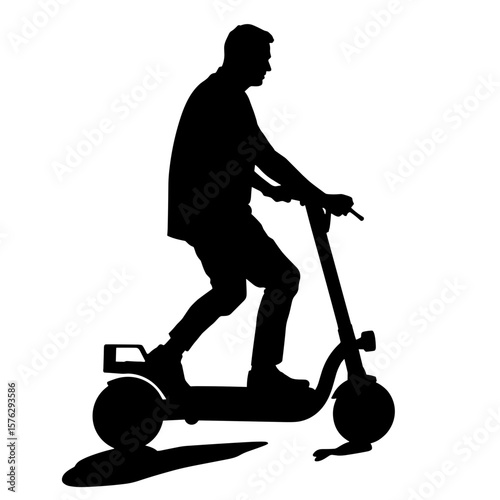 Man riding an electric scooter silhouette on white background  