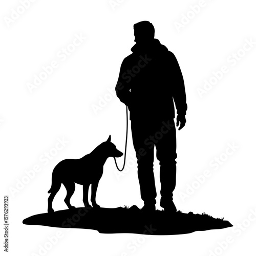 Man walking dog silhouette against a white background  