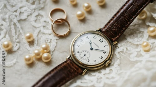 Vintage Wristwatch and Wedding Rings on Lace
