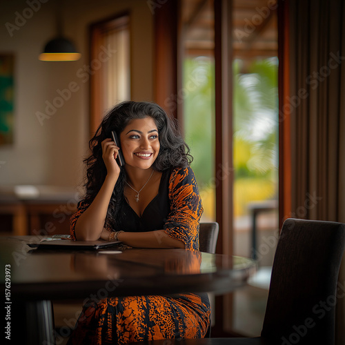 Srilankan young woman talking on phone at home