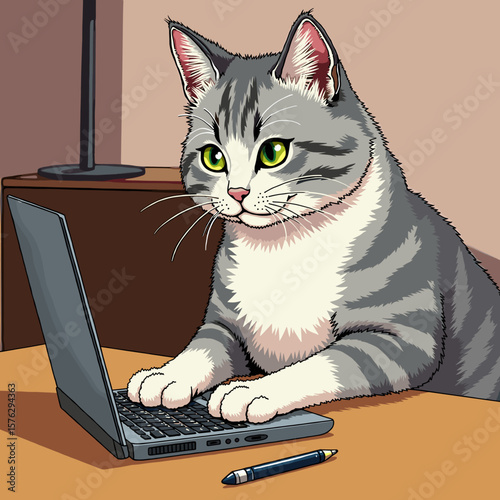 Cat working on a laptop in a cozy indoor setting  