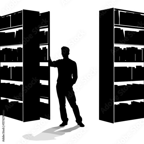 Man standing between bookshelves and reaching for a book  