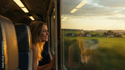 Woman Gazing Out Train Window at Sunset Over Picturesque European Village