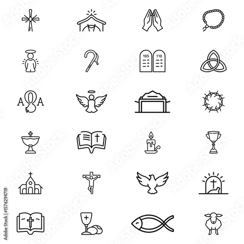 Collection of christian symbols including cross, bible, angel, dove, and other religious icons set line