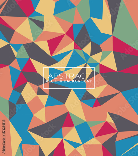 angles in muted orange, red, blue, beige, and gray-green hues, featuring a geometric patchwork pattern