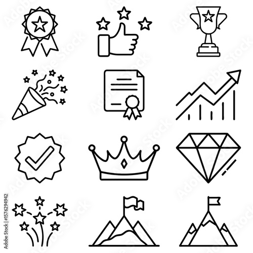 Collection of achievement icons including a trophy, crown, certificate, and upward trending graph design