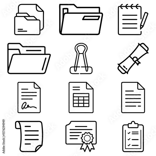 Illustration of various office documents and supplies including folders clipboards and certificates shown in line art