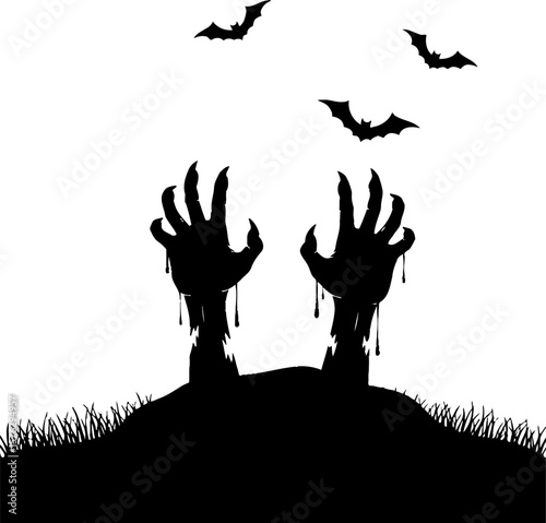 Spooky Halloween Silhouette Zombie Hands Emerging from Grave with Bats