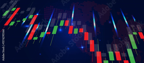 Global Financial Network Visualization with Interconnected Red and Green Candlestick Charts, Stylized World Map, and Radiating Light Lines on Dark Background for Market Data Themes