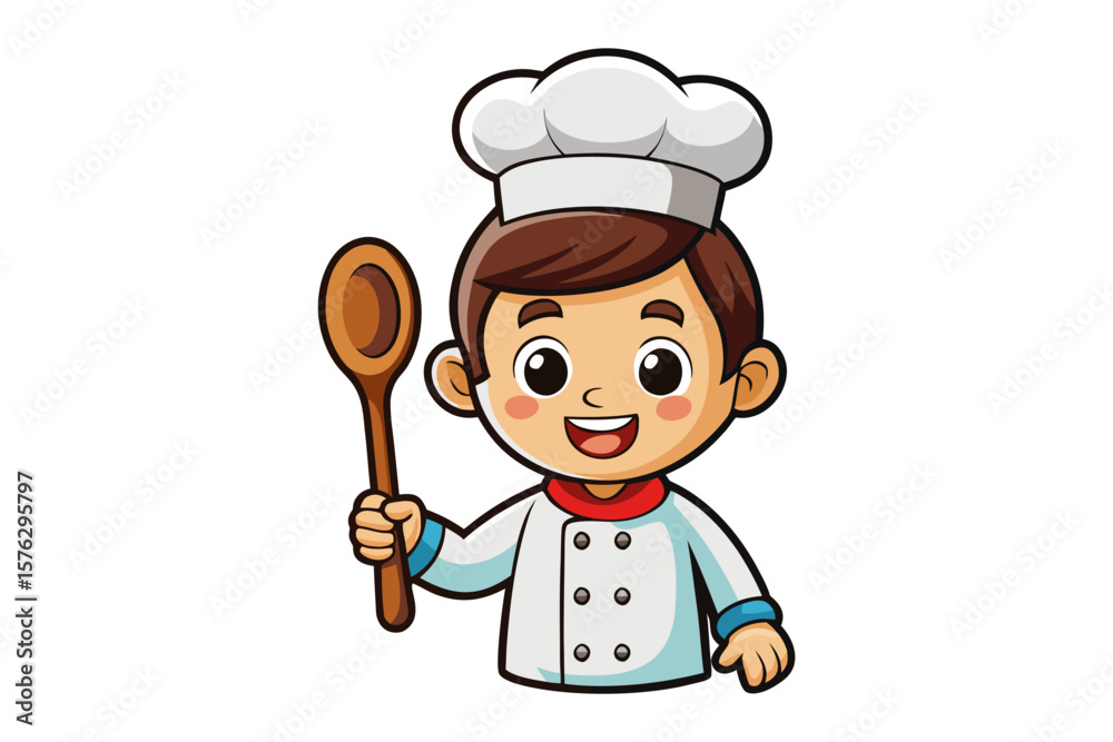 Young Chef with Wooden Spoon: A charming young chef, clad in a pristine white uniform and classic toque, brandishes a wooden spoon with a cheerful expression. Young Chef with Wooden Spoon: A charming young chef, clad in a pristine white uniform and classic toque, brandishes a wooden spoon with a cheerful expression.