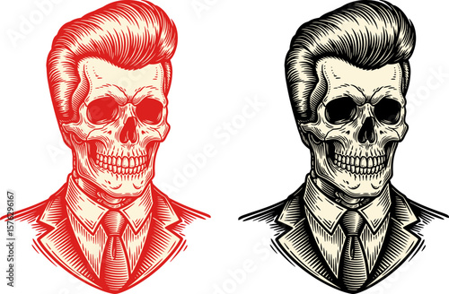 Vintage Skull in Suit Illustration Retro Hairstyle, Red and Black Ink Drawings