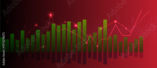 Complex financial chart with green vertical bars and red dotted trend lines on dark burgundy background, depicting fluctuating stock data, market trends, investment analytics