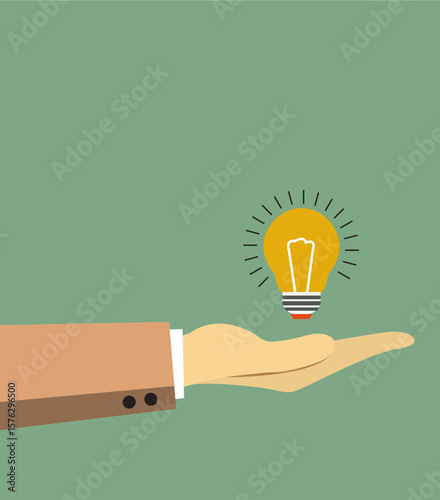 Flat style illustration of open beige hand in business sleeve holding glowing yellow lightbulb with radiating lines on muted sage green background, symbolizing idea, concept, and innovation