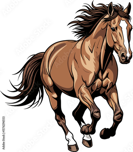 A powerful brown horse in full gallop, mane and tail flowing, showcasing its muscular build and energy.