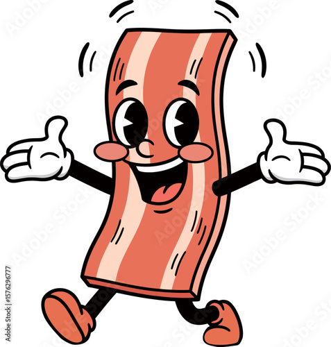 A cheerful cartoon bacon strip joyfully strides forward, arms outstretched in welcome.