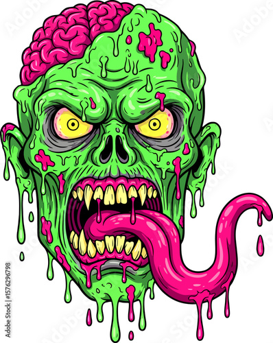 A grotesque, cartoon zombie head with exposed brain and long, protruding tongue.