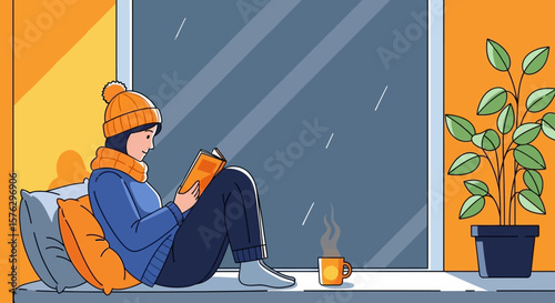 Cozy Winter Reading Woman by Window with Book and Hot Drink Illustration.