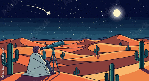 Desert Night Sky Observation A Person with Telescope Under a Starry Sky.
