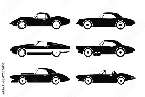 Silhouette Classics: A selection of classic cars. Rendered in striking monochrome, the collection showcases the iconic silhouettes of automobiles. The image embodies the style and elegance.