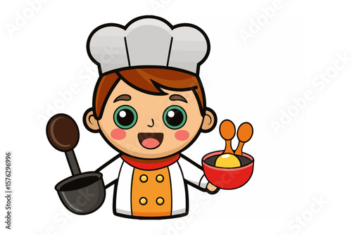 Chef's Delight: An adorable chef with a jovial grin, poised to create culinary magic with his trusty spoon and a bowl of tantalizing ingredients, embodying the art of cooking.