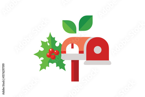 Snowy mailbox with Christmas letters and holly winter greetings vector art illustration