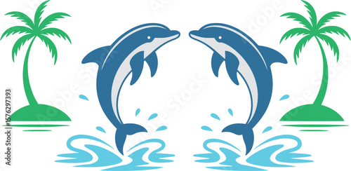 Jumping Dolphins with Palm Trees Tropical Summer  Vector Illustration