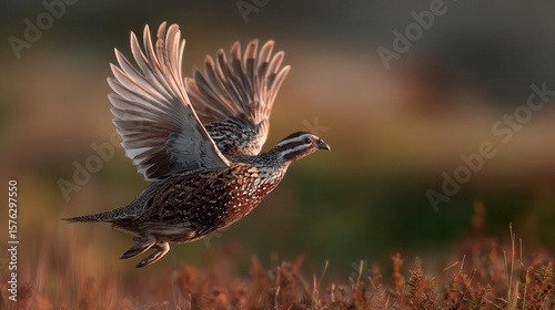 Colorful quail soaring gracefully through the air above golden grasslands during sunset in a tranquil landscape
