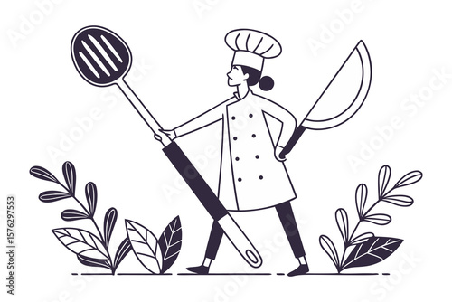 Culinary Power: A determined chef, wielding oversized kitchen tools, stands amidst lush greenery. A modern illustration of culinary creativity.