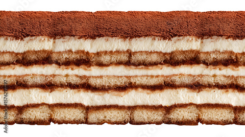 Cross-section of tiramisu cake showing layered sponge and cream with cocoa powder on top. Soft, creamy, and rich texture perfect for dessert-themed designs.