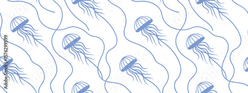 Seamless jellyfish marine pattern in blue line art, ideal for ocean-inspired wallpaper, nautical fabric, underwater themed sea life illustration, and aquatic creative designs.