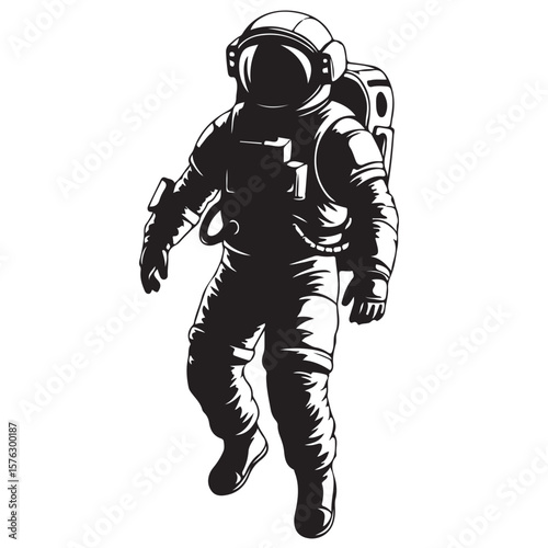 Black and white illustration of an astronaut floating in space.